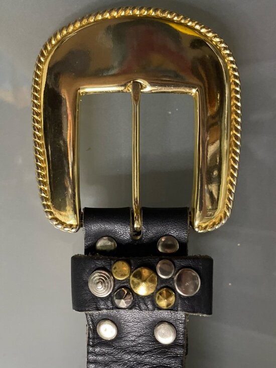 Michael Morrison Small Black Leather Gold & Silver Buckle Studded Statement Belt - Picture 9 of 11